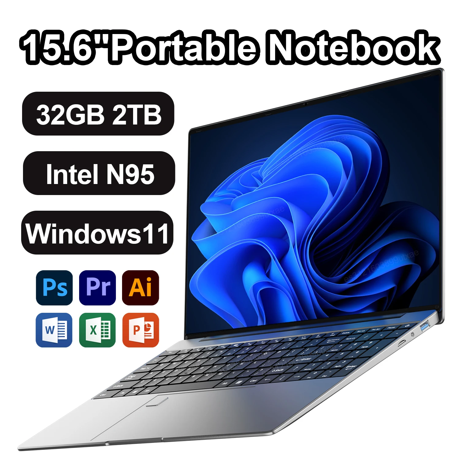 2025 HOT 15.6" Laptop Portable 32GB DDR4 2TB SSD Intel N95 7500mAh Windows11 Office Notebook Pc Gamer with Backlit Fingerprint
