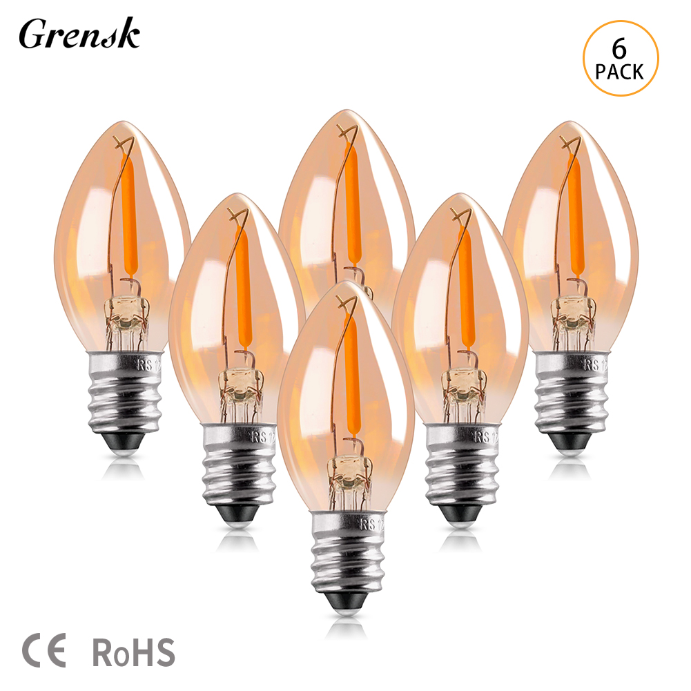 6 Stück C7-Ersatz-LED-Glühbirnen, 0,5 W, entspricht 5 W, Kandelaber-Glühbirne, E14, E12, 2200 K, warmweiß, Lichterketten für den Außenbereich
