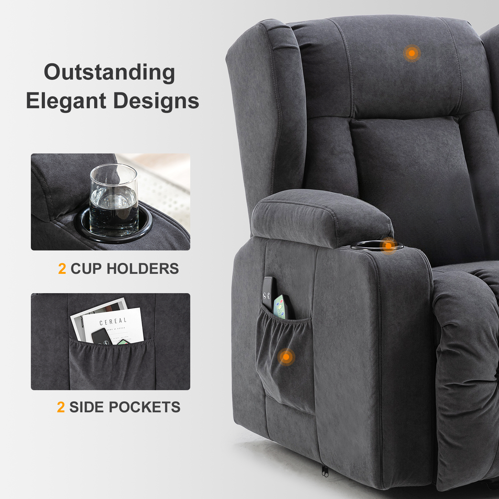 Sillón reclinable COMHOMA, sillón de masaje con elevación y superficie de tela, sillón elevador eléctrico, sillón para TV, sillón con elevación y función reclinable, tela