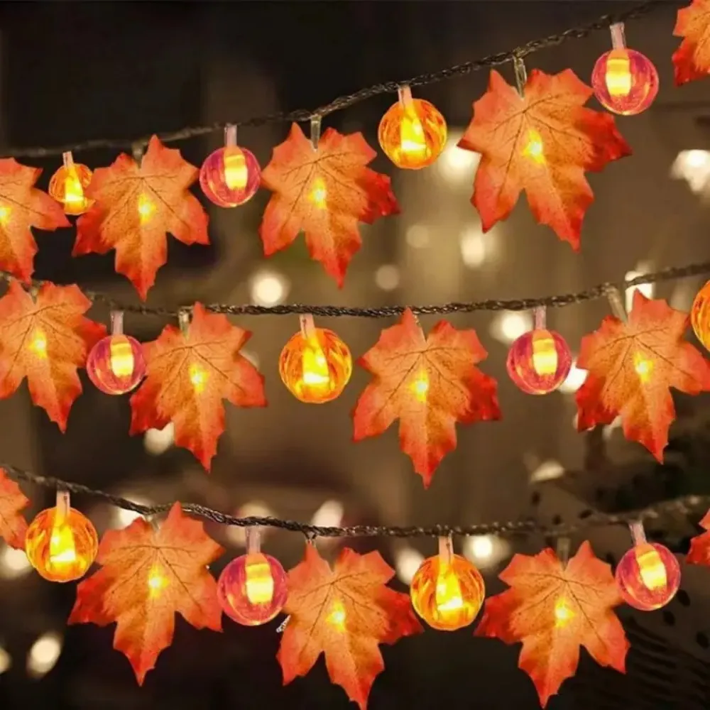 1PC1.5M10LED/3M20LED Cadena de linterna de calabaza de hoja de arce de Halloween, funciona con pilas, sin batería, utilizada para decoración navideña