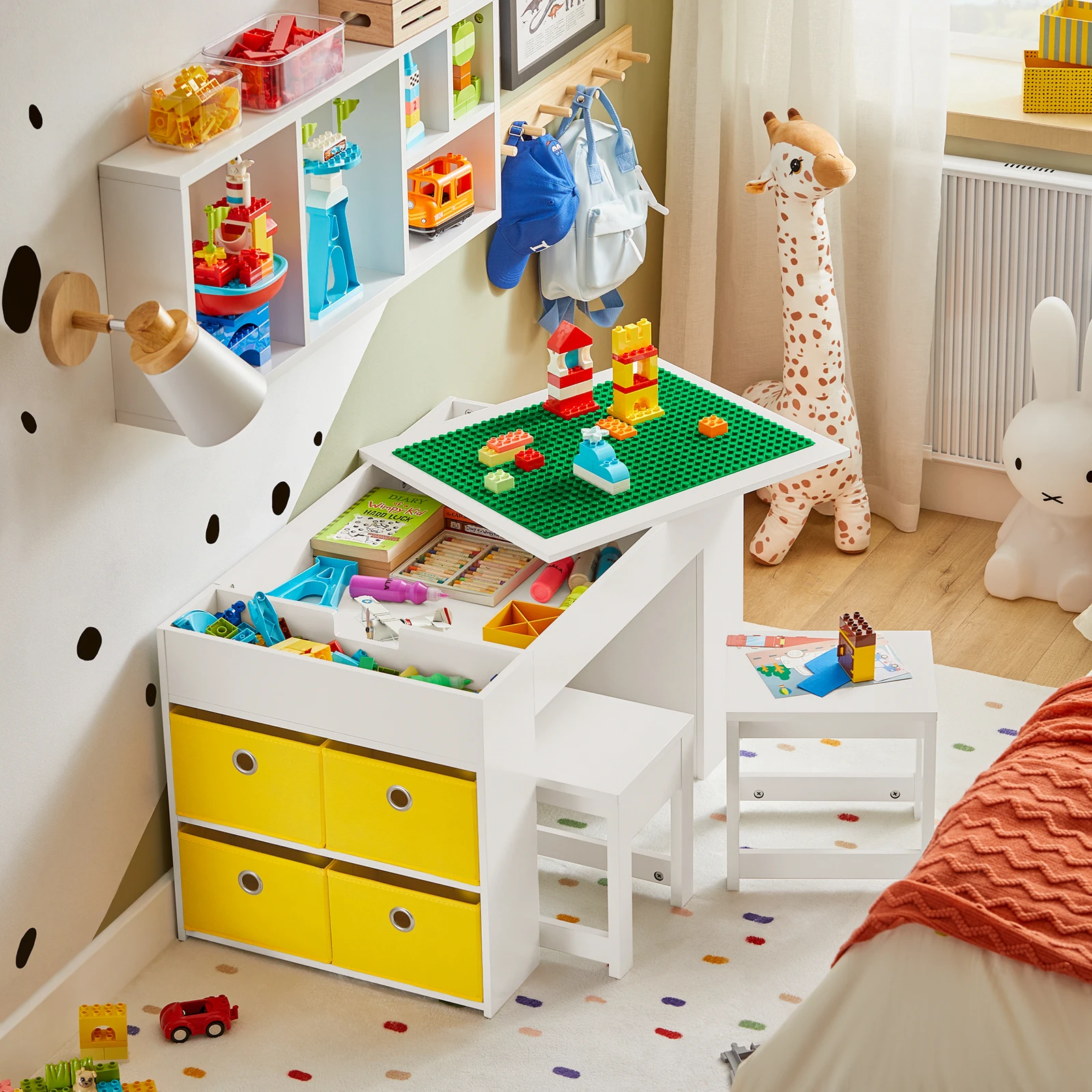 SoBuy KMB75-W table pour enfants avec 2 chaises groupe de sièges pour enfants avec espace de rangement siège enfant multifonctionnel groupe ensemble de chaises de table pour enfants