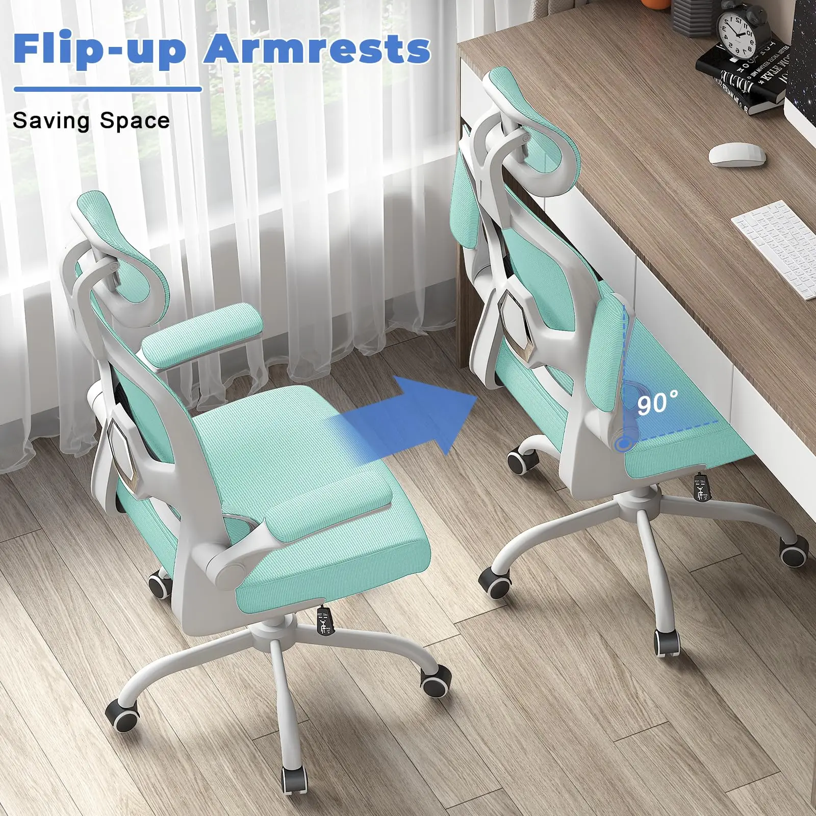 Ergonomic Office Chair, Desk Chair with Folding Armrests, Height-Adjustable, Breathable Backrest, Swivel Chair 360°