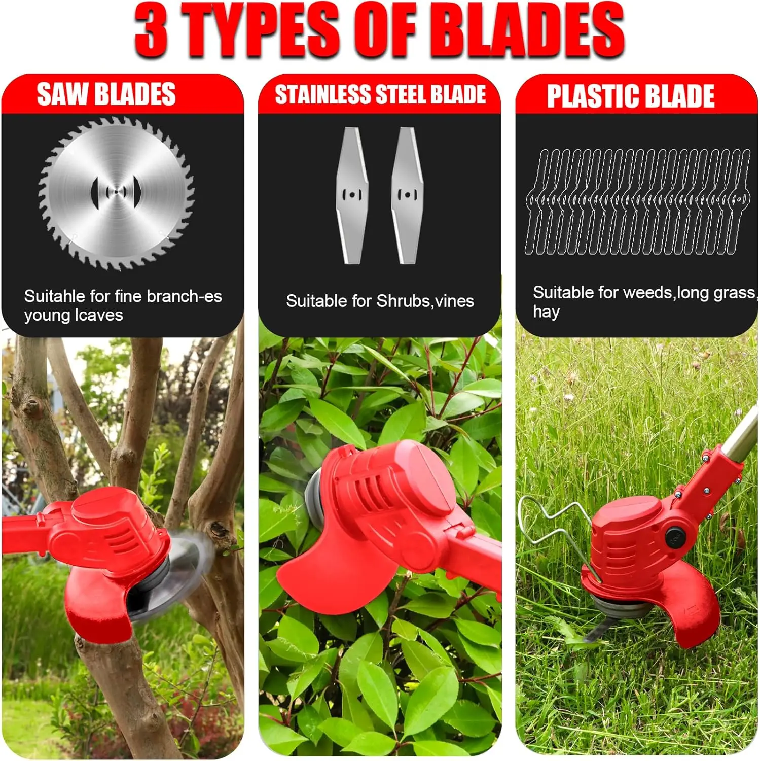 Cordless Lawn Trimmer Weed Wacker Lawn Mower Grass Edger with 2 Li-Ion Batteries Powered & 3 Cutting Blade Types