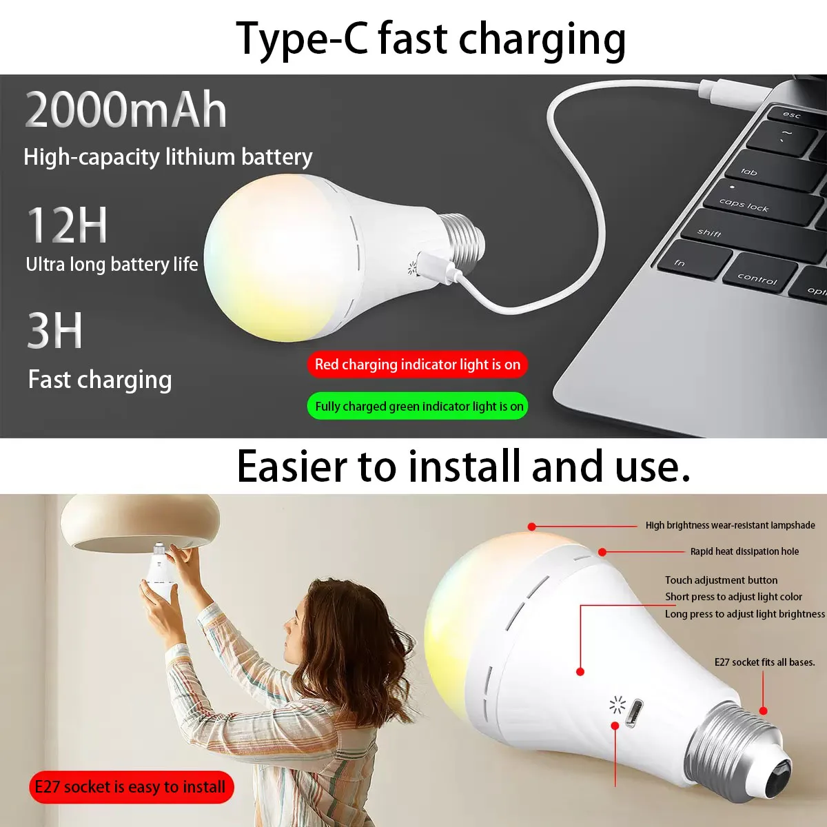 หลอดไฟฉุกเฉินแบบชาร์จ USB-C พร้อมซ็อกเก็ต E27, อุณหภูมิสามสี (3000K-6000K), รีโมทคอนโทรล, สําหรับห้องนั่งเล่น, ห้องนอน