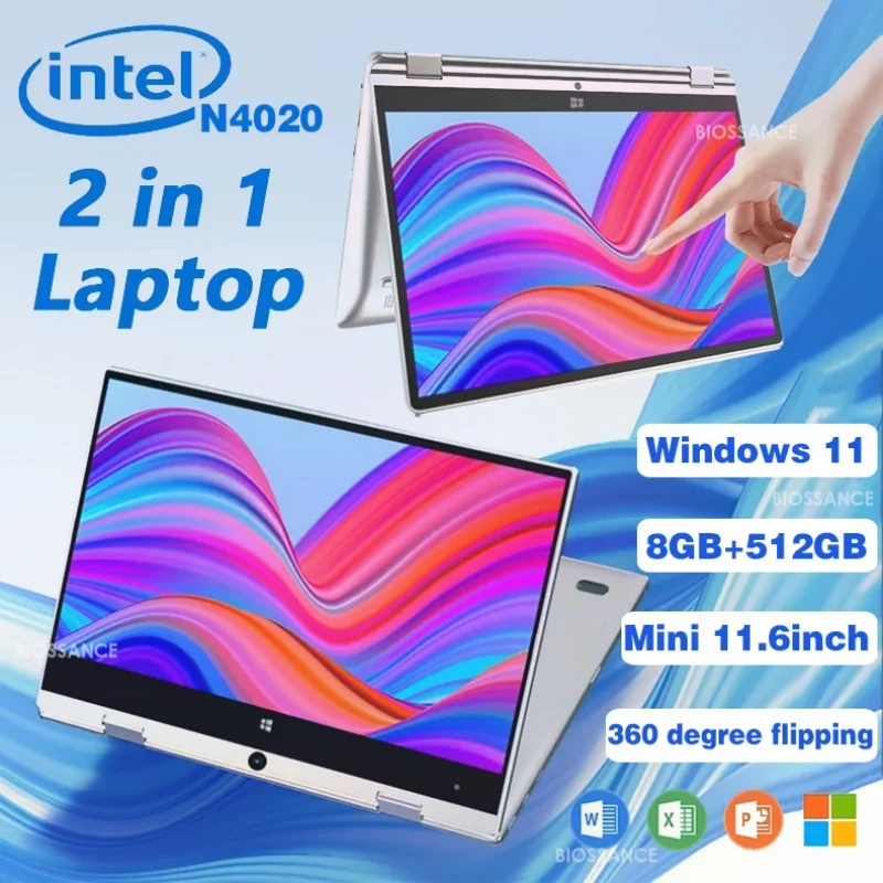 2025 Computer portatile portatile 2 in 1 Intel N4020 Windows 11 Pro Touch Screen Notebook 8 GB DDR4 512 GB SSD Computer PC da 11,6 pollici