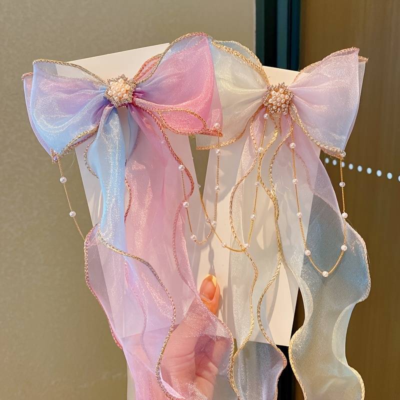 Clipes de fita de laço de malha elegantes e fofos para meninas com borla de pérola falsa decoração acessórios de cabelo para performance de festa