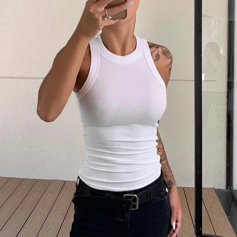 Canotta basic solida Top morbido per donna Abiti estivi Canotta attillata sexy girocollo Canotta con fondo lavorato a maglia Top senza maniche Capispalla