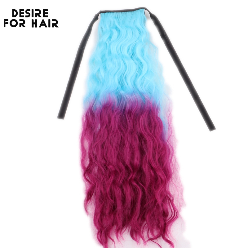 Ombre สีฟ้าสีชมพู 22 นิ้วหยักลอนริบบิ้นหางม้าสําหรับเด็กและผู้หญิงสังเคราะห์คลิปใน Drawstring ผมหางม้า Extension ผมชิ้น