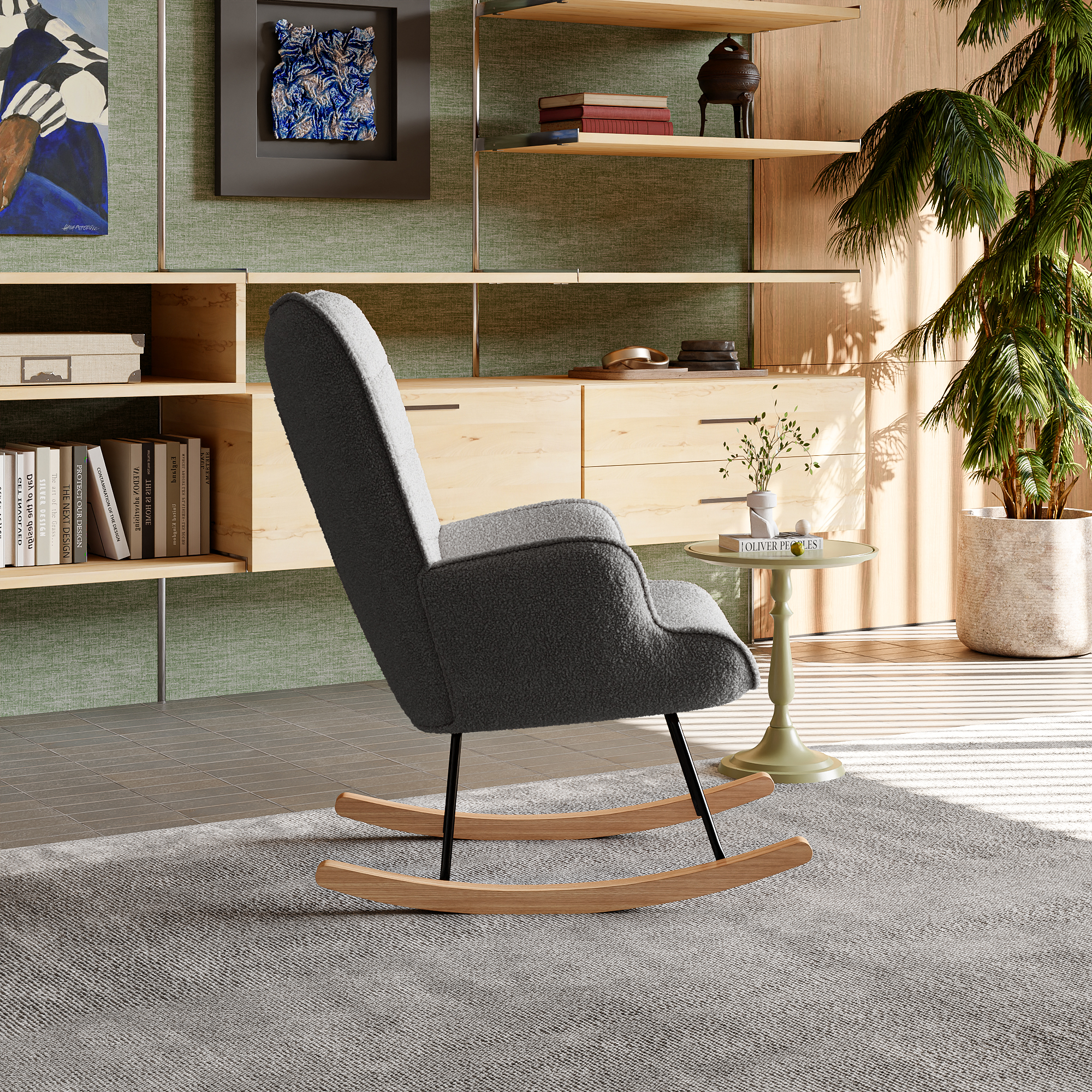 Cadeira de balanço moderna com encosto alto e braços, cadeiras confortáveis adequadas para sala de estar, quarto e pátios - Cinza