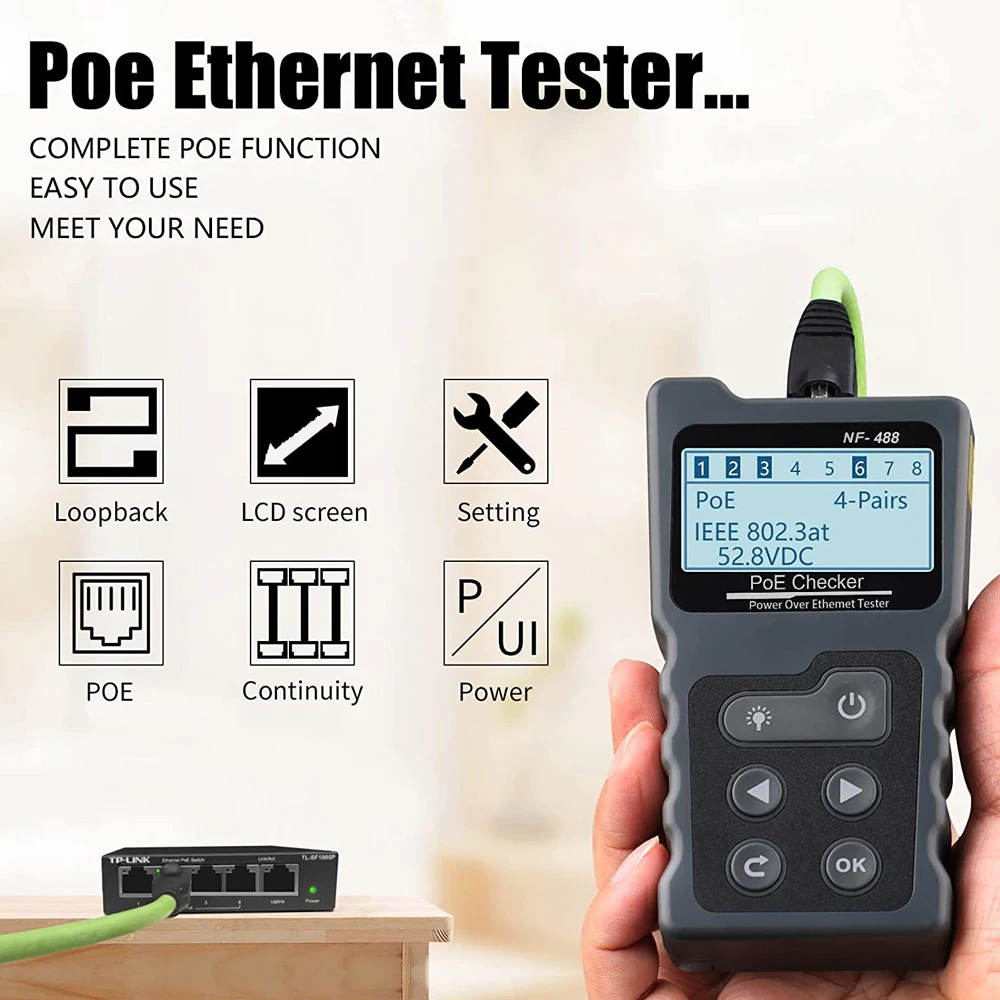 NOYAFA NF-488 сетевой кабель тестер с портом PoE переключатель Онлайн тест PoE напряжение полярность кабеля трекер петля тестовый инструмент с ЖК-дисплеем