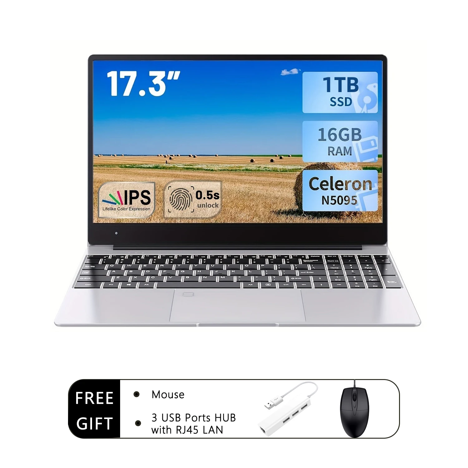 2025 Nowy 17,3-calowy laptop 16 GB RAM 512 GB 1 TB SSD Intel N5095 Przenośny notebook Lekka podświetlana klawiatura Czytnik linii papilarnych Windows 11