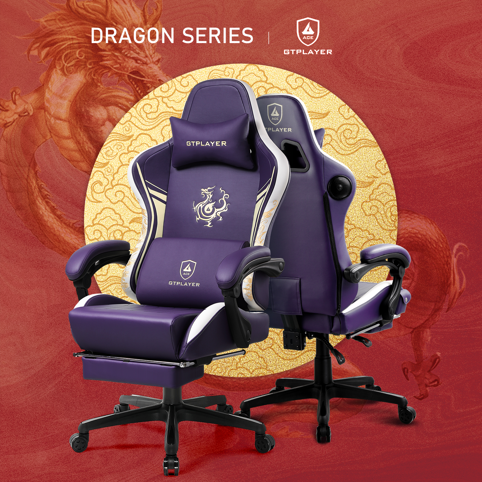 Chaise de jeu GTPLAYER avec haut-parleurs Bluetooth, repose-pieds et design ergonomique, chaise de jeu vidéo et de bureau Dragon Series