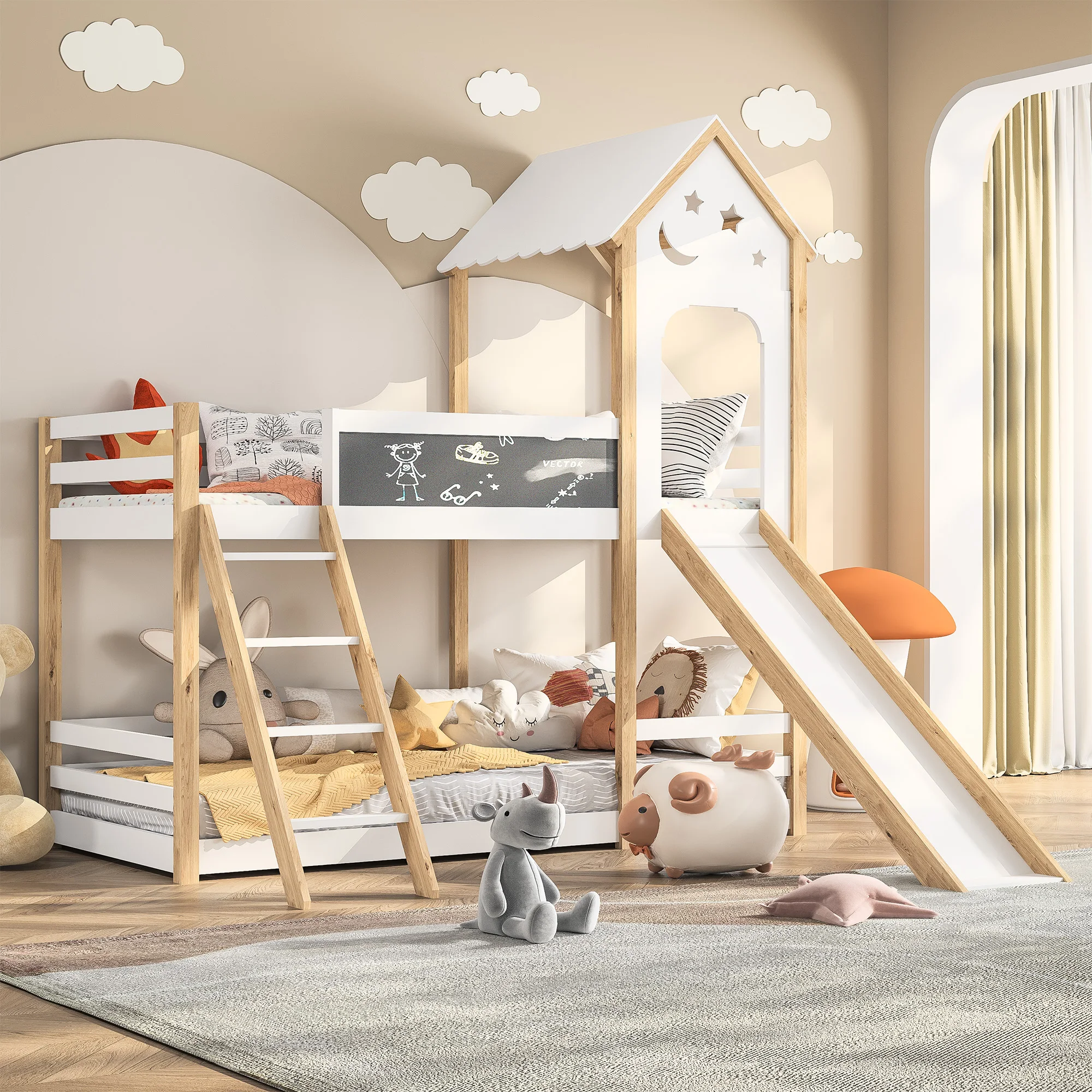 Letto matrimoniale 90x200cm con scale e scivoli, letto con recinzione, letto con lavagna per bambini, legno massello ecologico