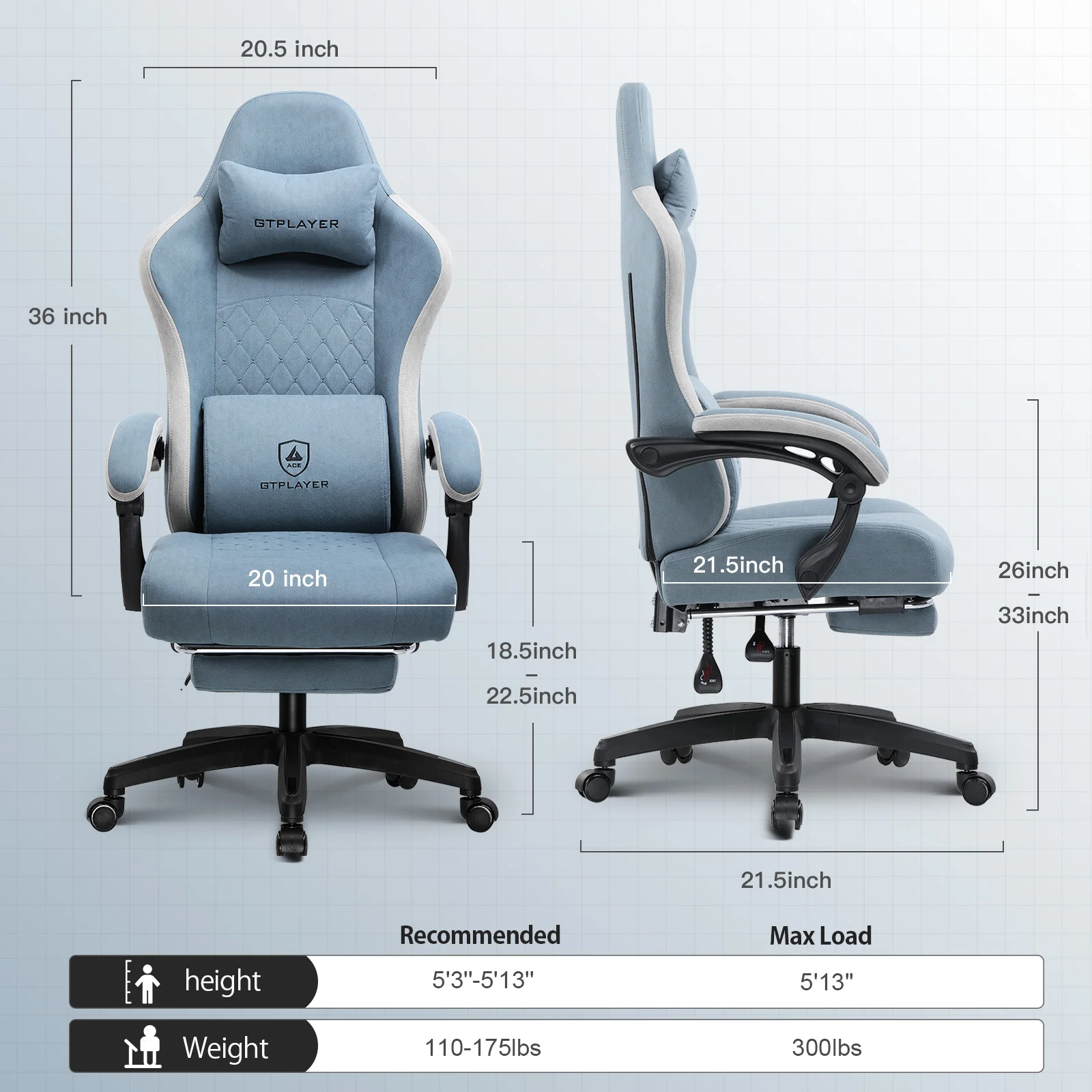 GTPLAYER Gaming Stuhl Ergonomischer Gaming Sessel Schreibtischstuhl mit Stoffoberfläche, Federsitzkissen, Verbindungsarmlehnen