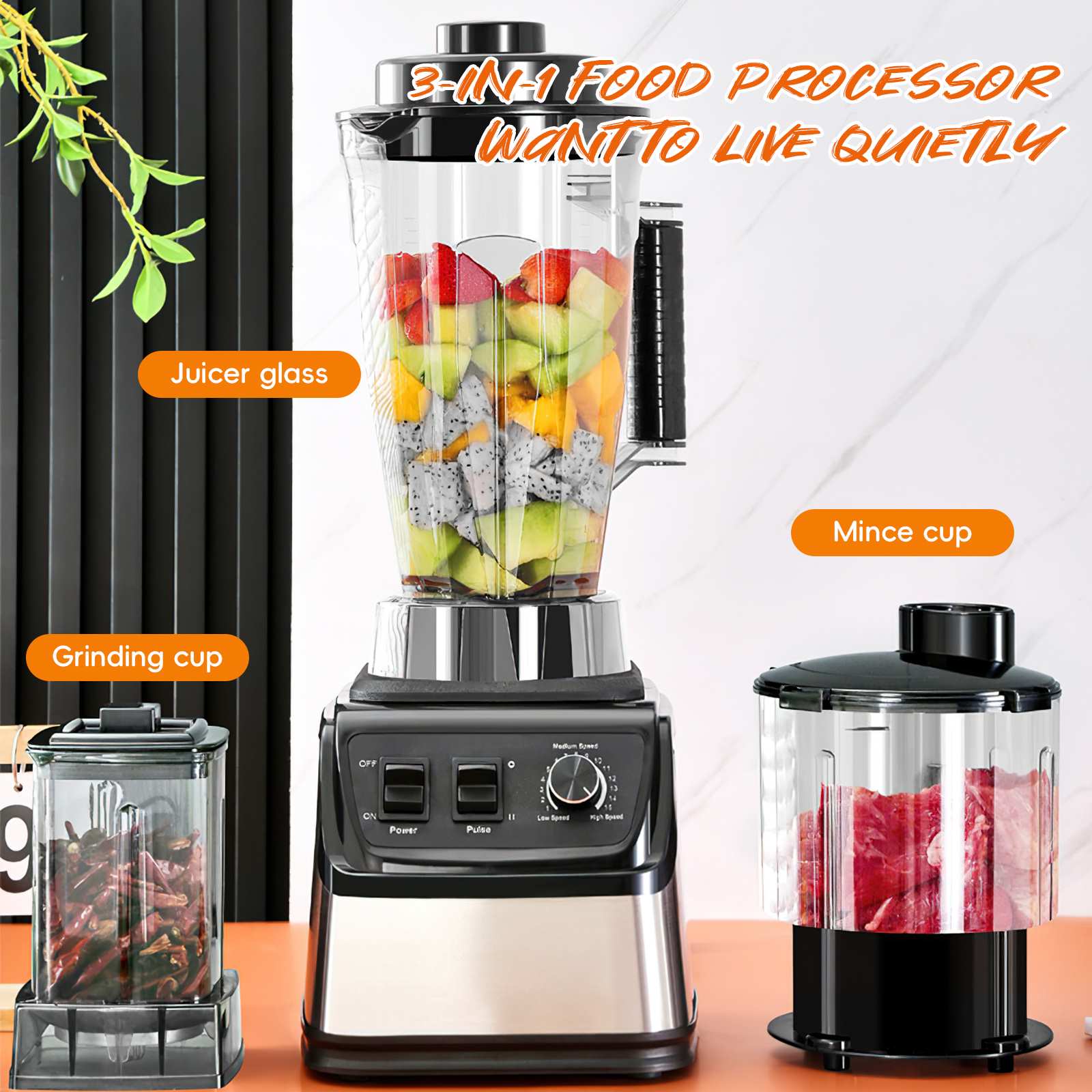 Power Blender Juicer e Smoothie Maker, Liquidificadores de mesa 3in 1, Recipiente 3L, Processador de alimentos para gelo, nozes, frutas, 9500W