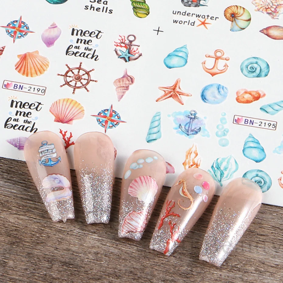 12 แบบเล็บ Sea Shell สติกเกอร์น้ําที่มีสีสัน Conch ปลาดาว Sliders ฤดูร้อน Ocean Theme Decals ตกแต่งเล็บ