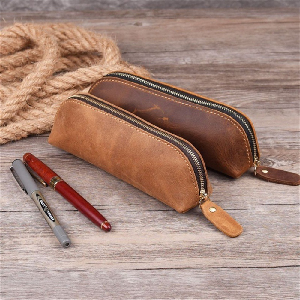 Borsa per penna a matita con cerniera in pelle 1PC - Borsa per cosmetici piccola per trucco da viaggio - Caffè vintage
