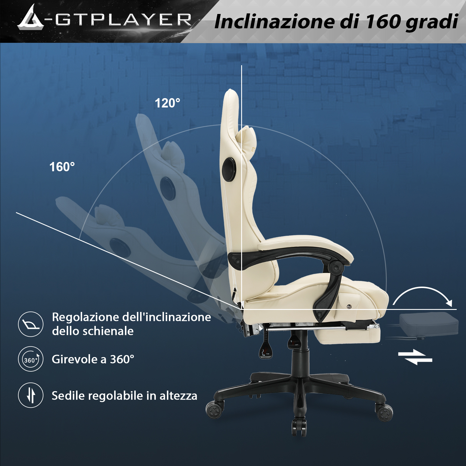 GTPLAYER Silla Gaming Reposapiés Altavoz Bluetooth Silla Ergonómica Gamer Oficina Asiento Giratorio con Reposabrazos Sincronizados y Más Cojín Lumbar de Apoyo