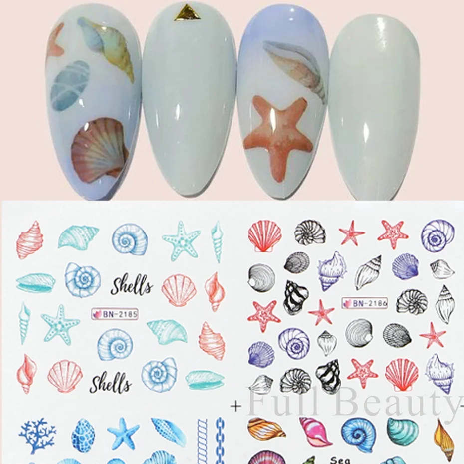 12 แบบเล็บ Sea Shell สติกเกอร์น้ําที่มีสีสัน Conch ปลาดาว Sliders ฤดูร้อน Ocean Theme Decals ตกแต่งเล็บ