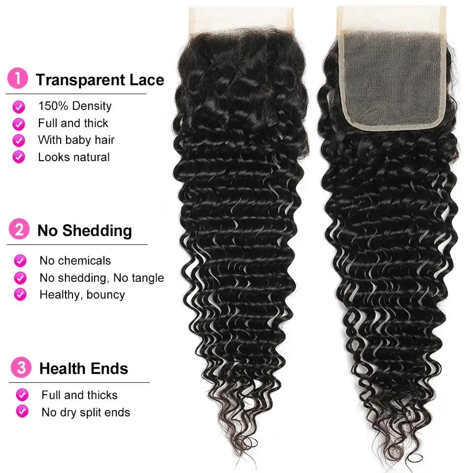 Onda profunda pacotes com fechamento brasileiro virgem cabelo humano 3 pacotes com 4x4 fechamento de renda para preto feminino cor natural 30 polegada