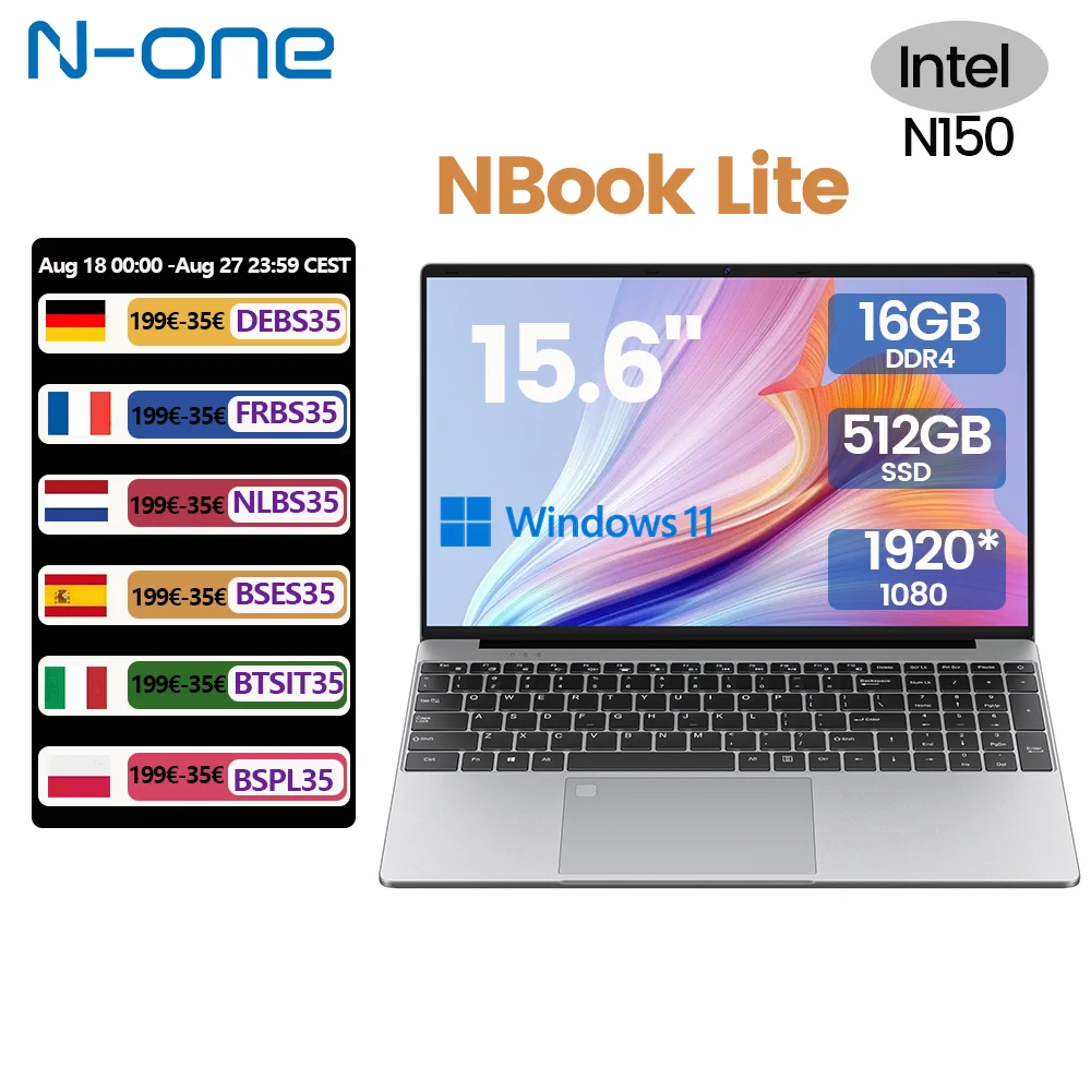 Laptop N-one NBook Lite 15,6 cala 1920*1080 Windows 11 Pro Notebook Intel ®   Twin Lake N150 16 GB DDR4 512 GB SSD Wi-Fi 5 BT5.1