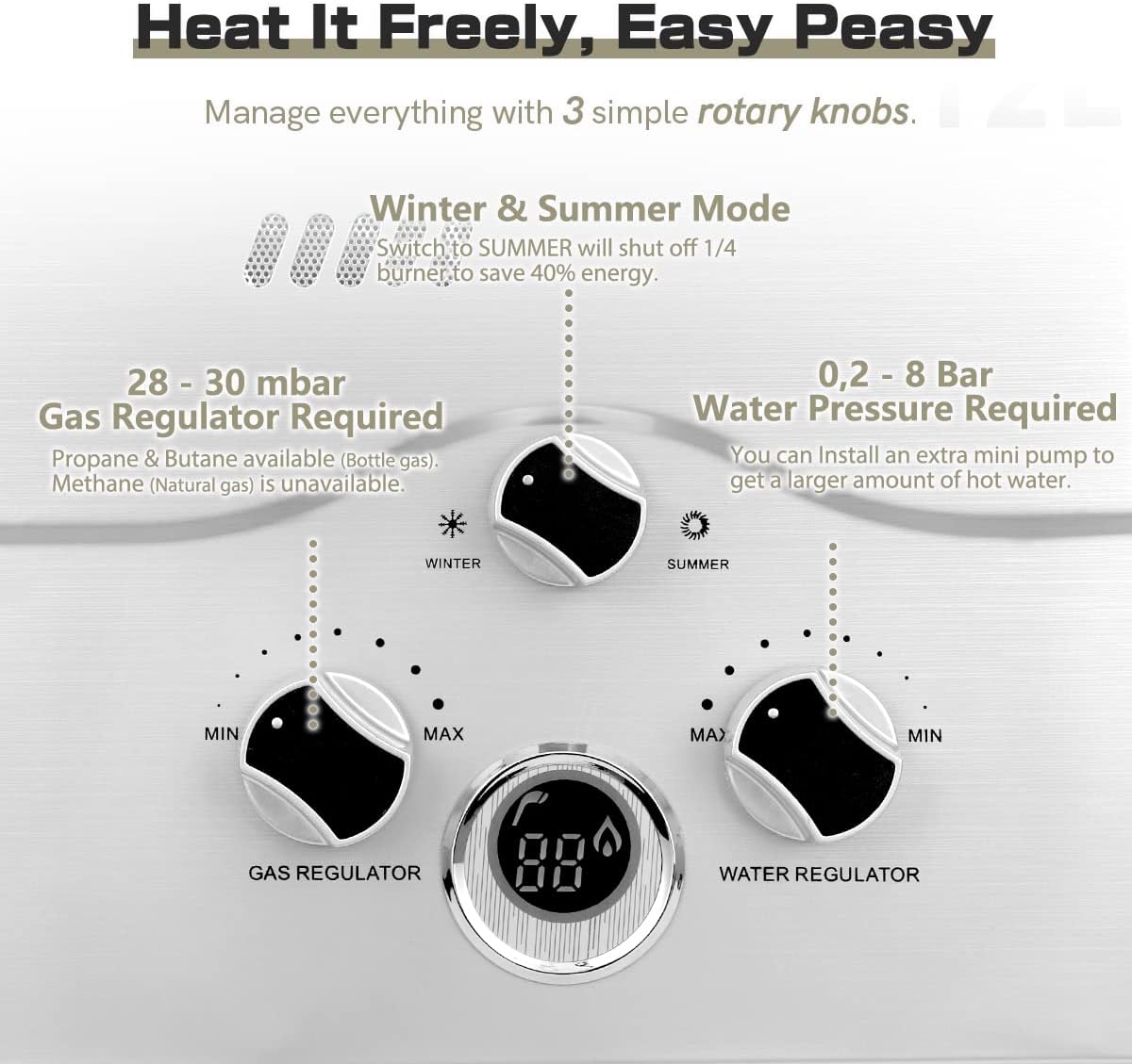 Aquecedor de Água a Gás GLP, Gás Propano Sem Tanque, Aço Estável, Bebida com Kit Show, Home Camping Appliance, 6L, 8L