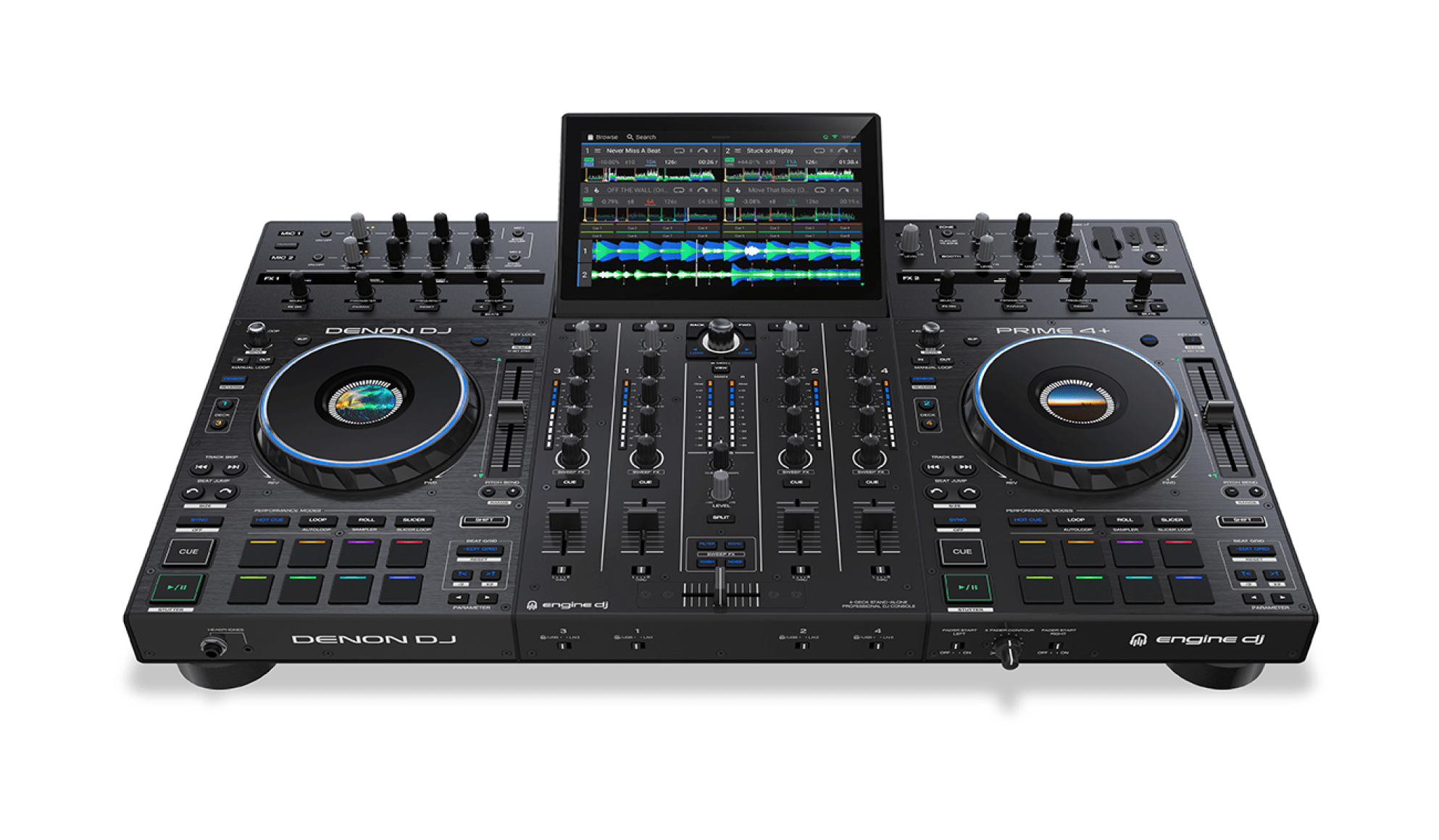 NIEUW AANKOMEN DENON DJ PRIME 4+ STANDALONE DJ-CONTROLLER MET STEM-SCHEIDING OP 4 DECKS, WIFI STREAMING MIXER.TOUCHSCREEN.