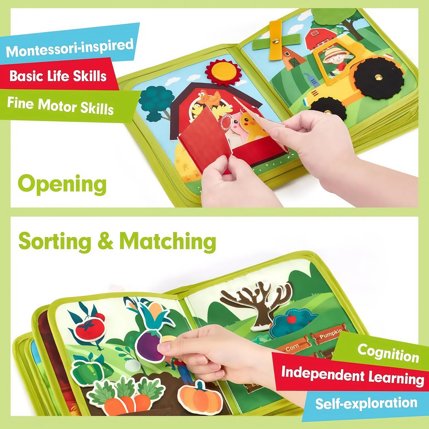 Livre d'éducation précoce Montessori pour bébé, scène d'animaux de ferme, jouet d'activité de conte, motricité Fine, livre silencieux pour les tout-petits