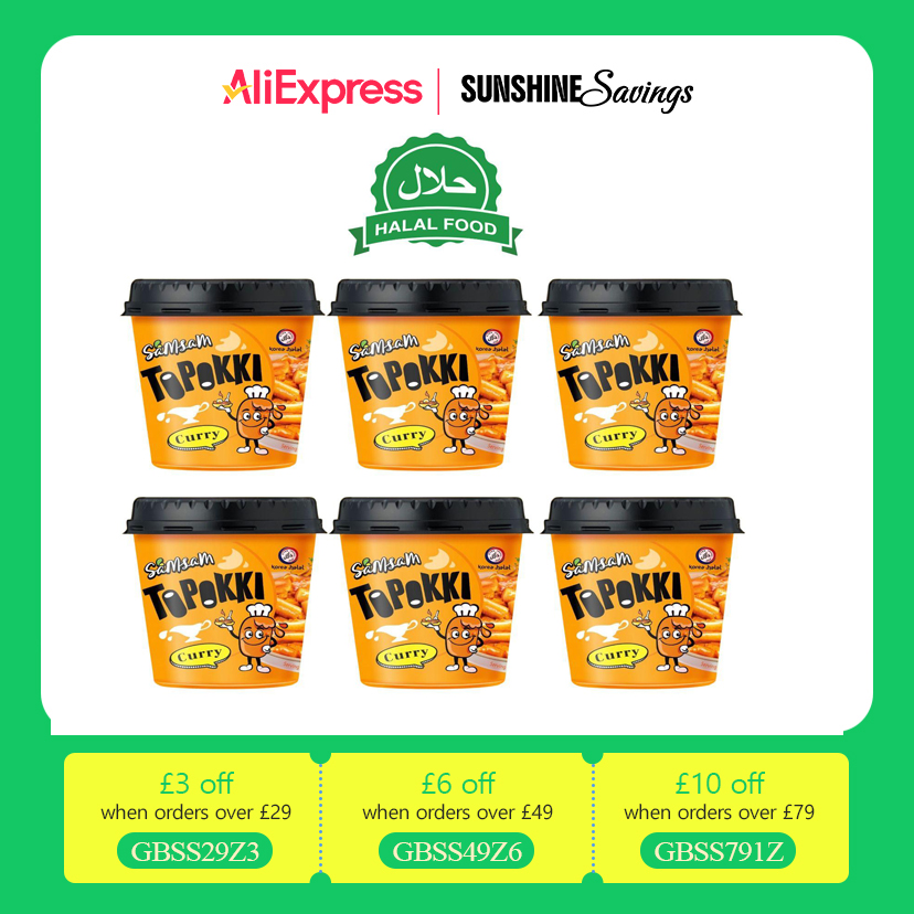 Samsam ,  Toppokki Curry Mild Spicy Rice Cake Halal Certificated Korean Snack（Pack of 6 cup）