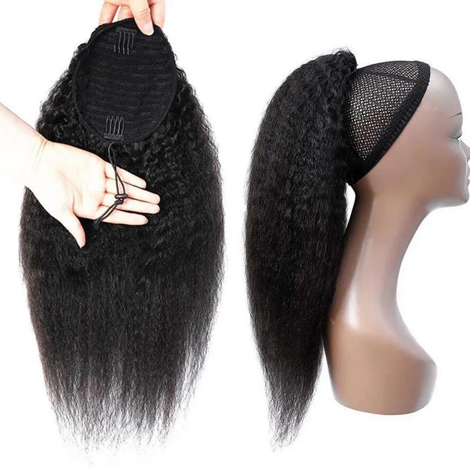 Crépus droite enveloppement cordon crépus droite queue de cheval de cheveux humains pour les femmes noires Yaki droite Remy queue de cheval de cheveux humains # 1B