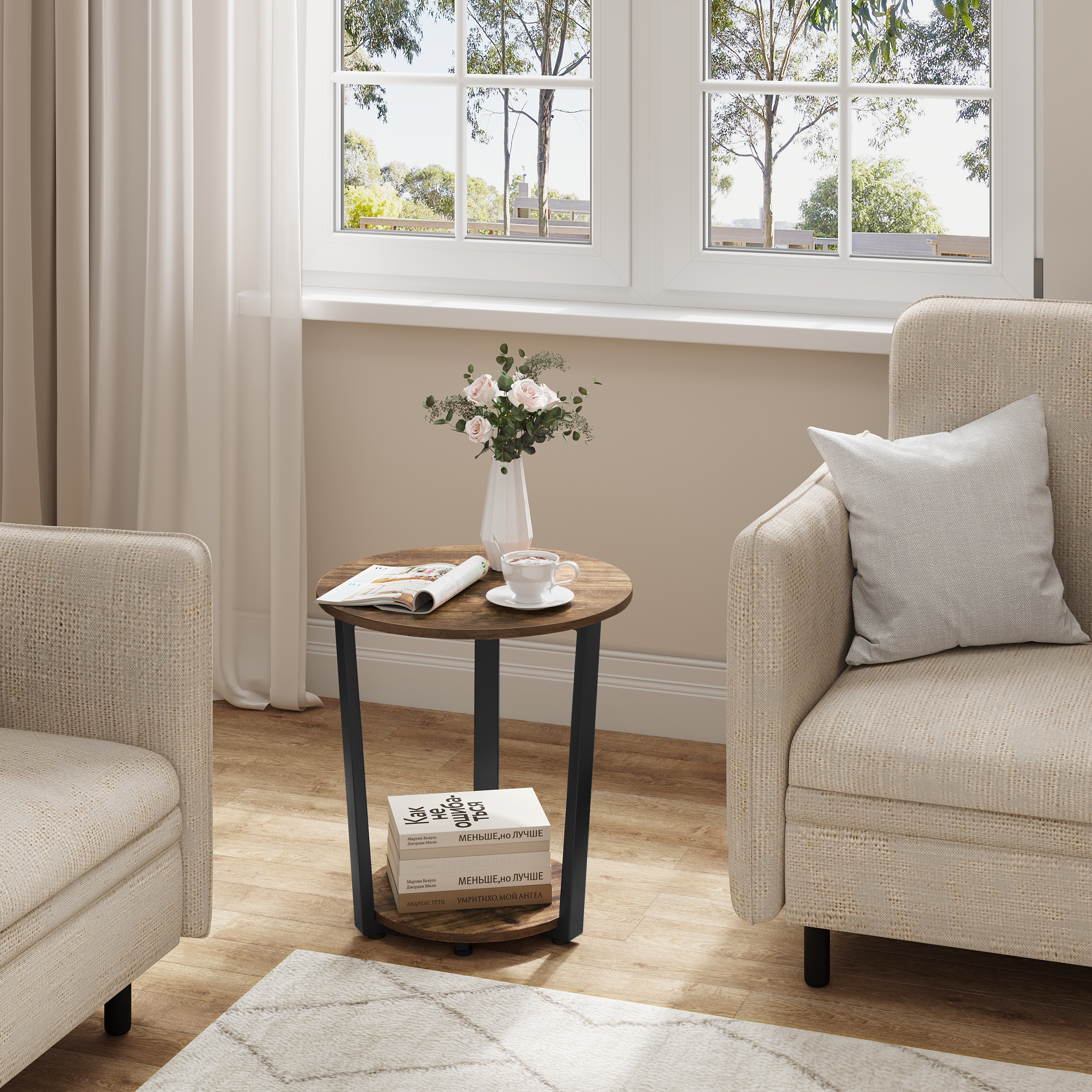 Mesa de centro redonda, sofá pequeño moderno con 2 estantes, escritorio de té, mesita de noche para sala de estar, dormitorio y hogar