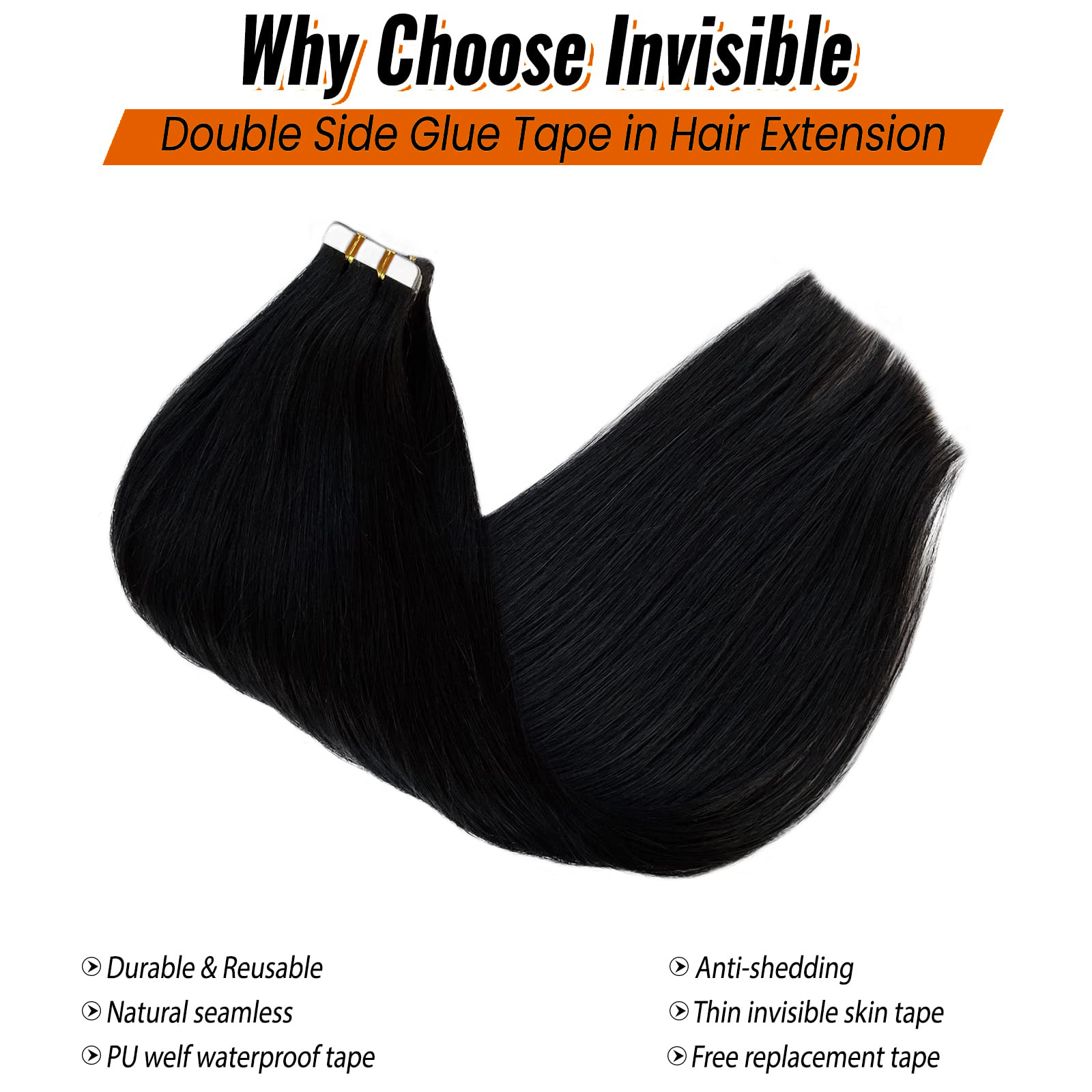 Briller réel cheveux humains bande droite dans les Extensions noir Double face bande pour peau trame cheveux Extensions sans couture bande dans # 1B