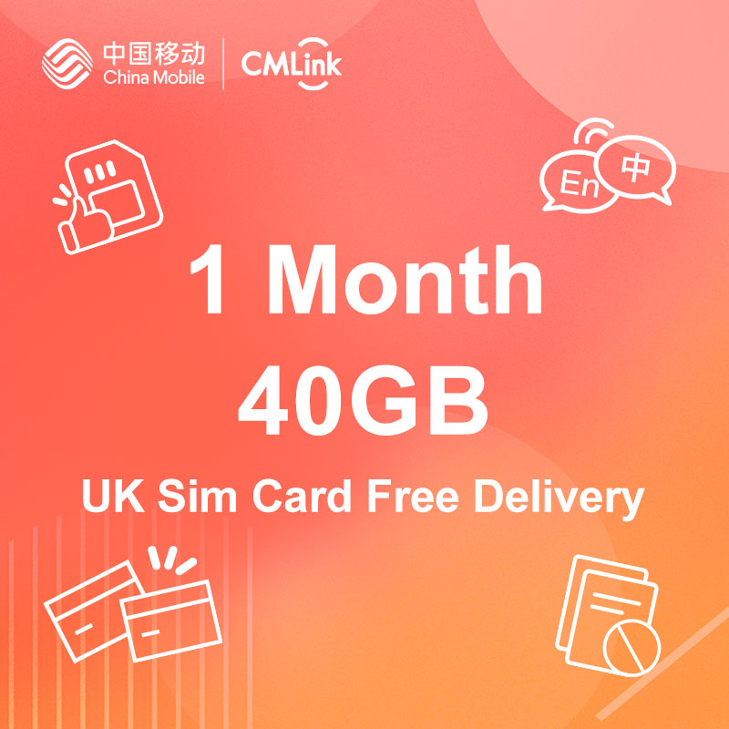 5G Non-Contract SIM Card, 1 Month 40GB Data, Free Roaming Data EU&China, Free Int'l Call, UK Phone Number, Can Top Up Yourself