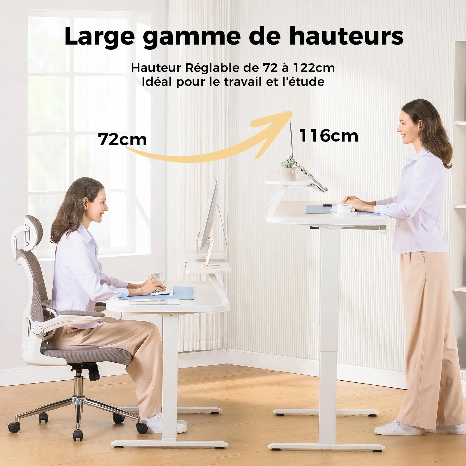 Bureau électrique réglable en hauteur COMHOMA avec tiroirs, support d'écran, support de tablette, avec contrôle de mémoire à 3 hauteurs, blanc