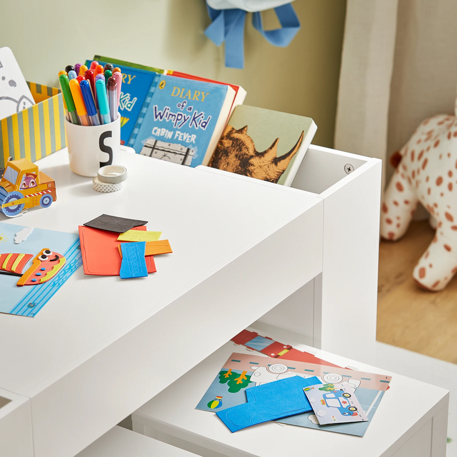 SoBuy KMB75-W table pour enfants avec 2 chaises groupe de sièges pour enfants avec espace de rangement siège enfant multifonctionnel groupe ensemble de chaises de table pour enfants