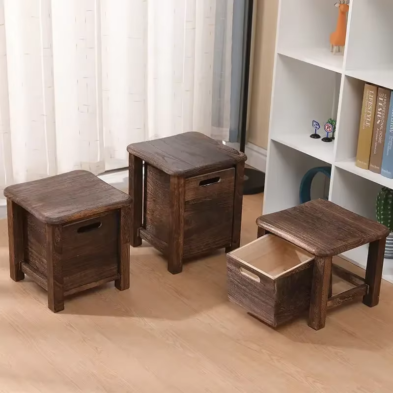 Solid Wooden Nordic Storage Square Stool with Drawer Entrance Hallway Change Shoes Bench Bedside Low Table Cabinet for Apartment