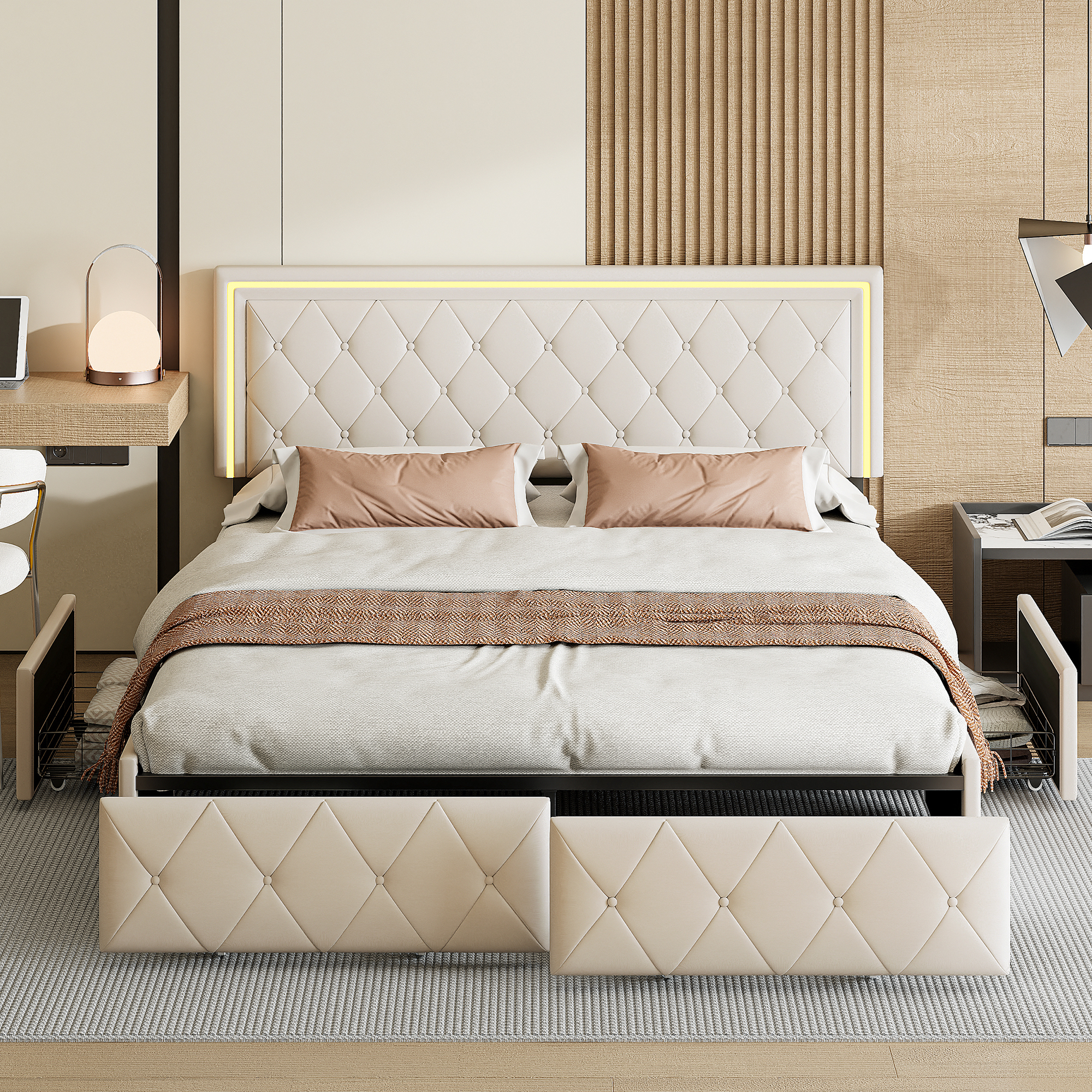 Rosahqnda Lit moderne en simili cuir avec tiroirs, lit double élégant en simili cuir avec rangement, sans matelas