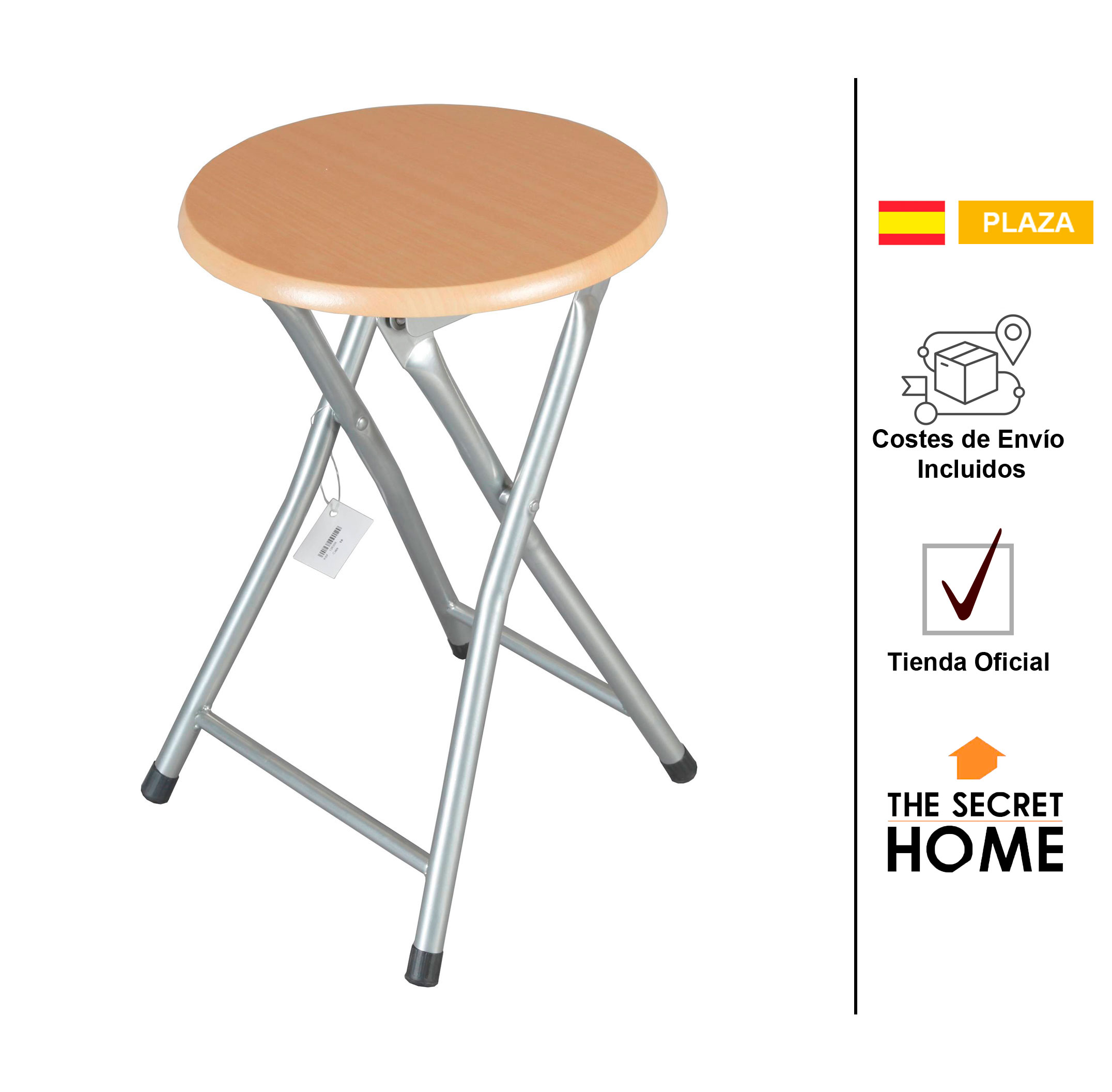 The Secret Home - Taburete Metálico Plegable - Silla de Metal y Madera - Ligera y Elegante - Ideal para Cocina, Jardín y Baño - Patas Metálicas - Diámetro 30 x Altura 45 cm