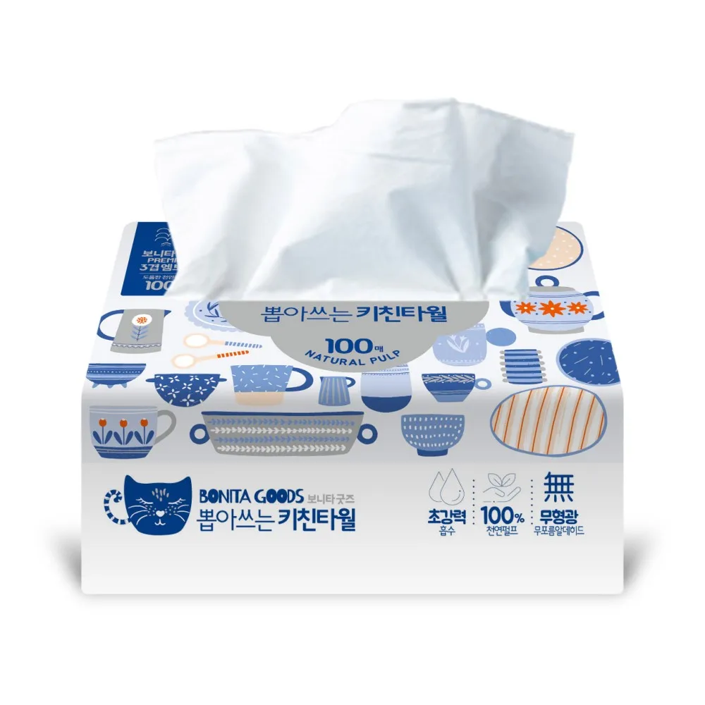 보니타굿즈 뽑아쓰는 키친타올 천연펄프 3겹 100매 10팩/ 키친타월 페이퍼타월