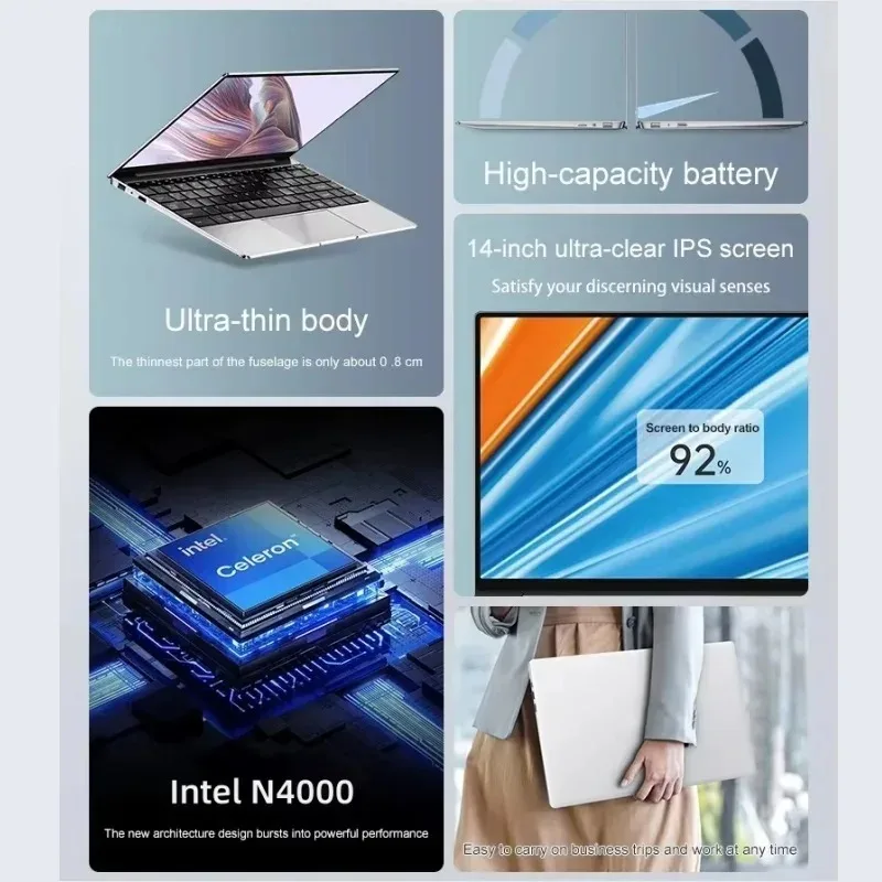 14.1 ''Windows 11 Kantoor Studie Intel Celeron N4000 Laptop Computer 12 GB DDR4 512 GB SSD Ontgrendelen Notebook PC Computer FHD Display
