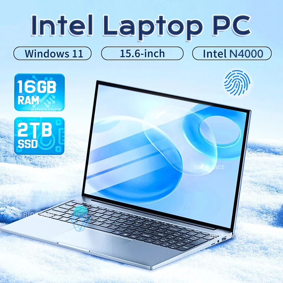 Computer portatile da 15.6 ''Windows 11 Intel Celeron N4000 16GB DDR4 1TB 2TB SSD Office Study Gaming Notebook Fingerprint Laptop PC