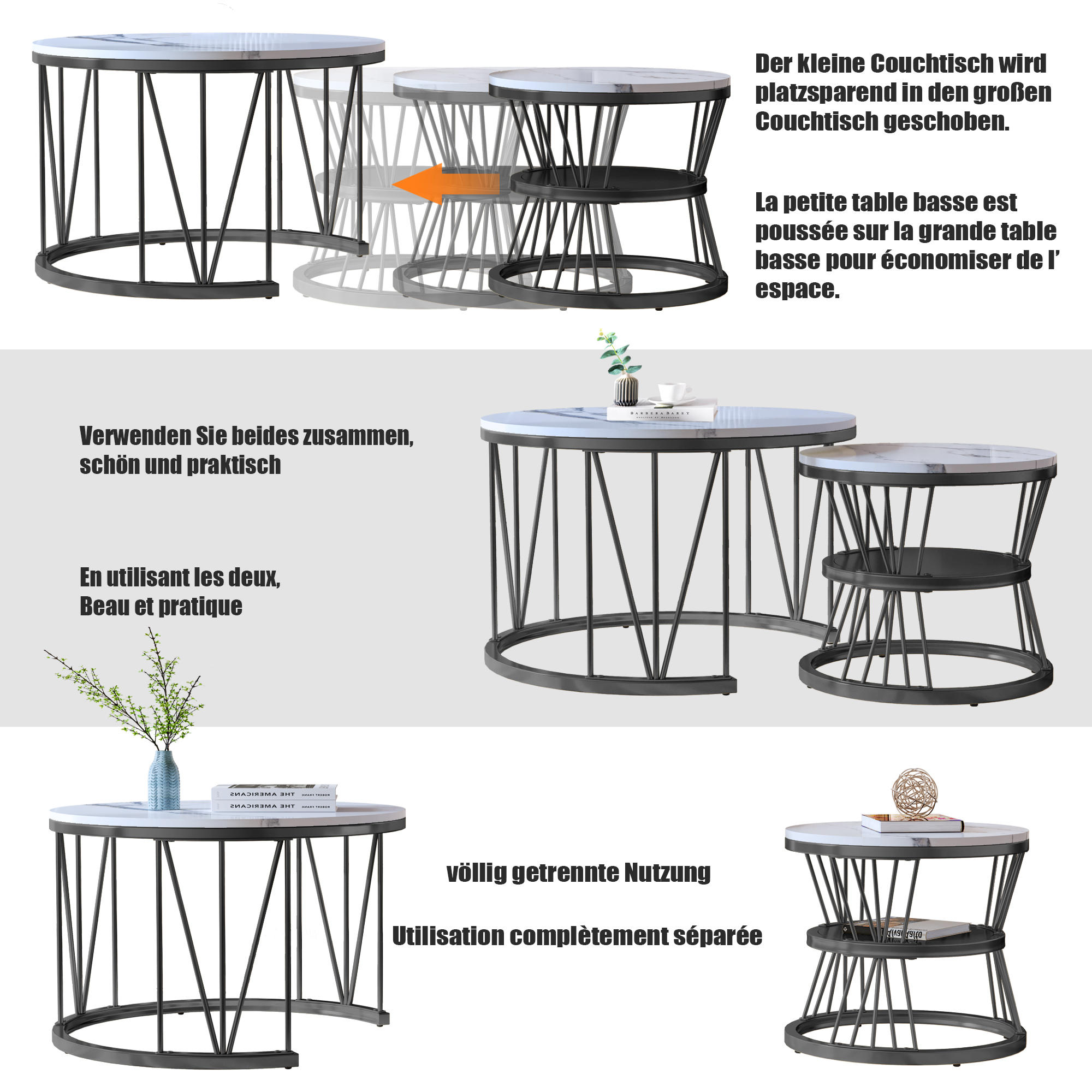 Mesa de centro redonda, conjunto de 2, mesa de centro de madeira, conjunto de mesa lateral moderna com estrutura de metal para sala de estar, varanda, escritório