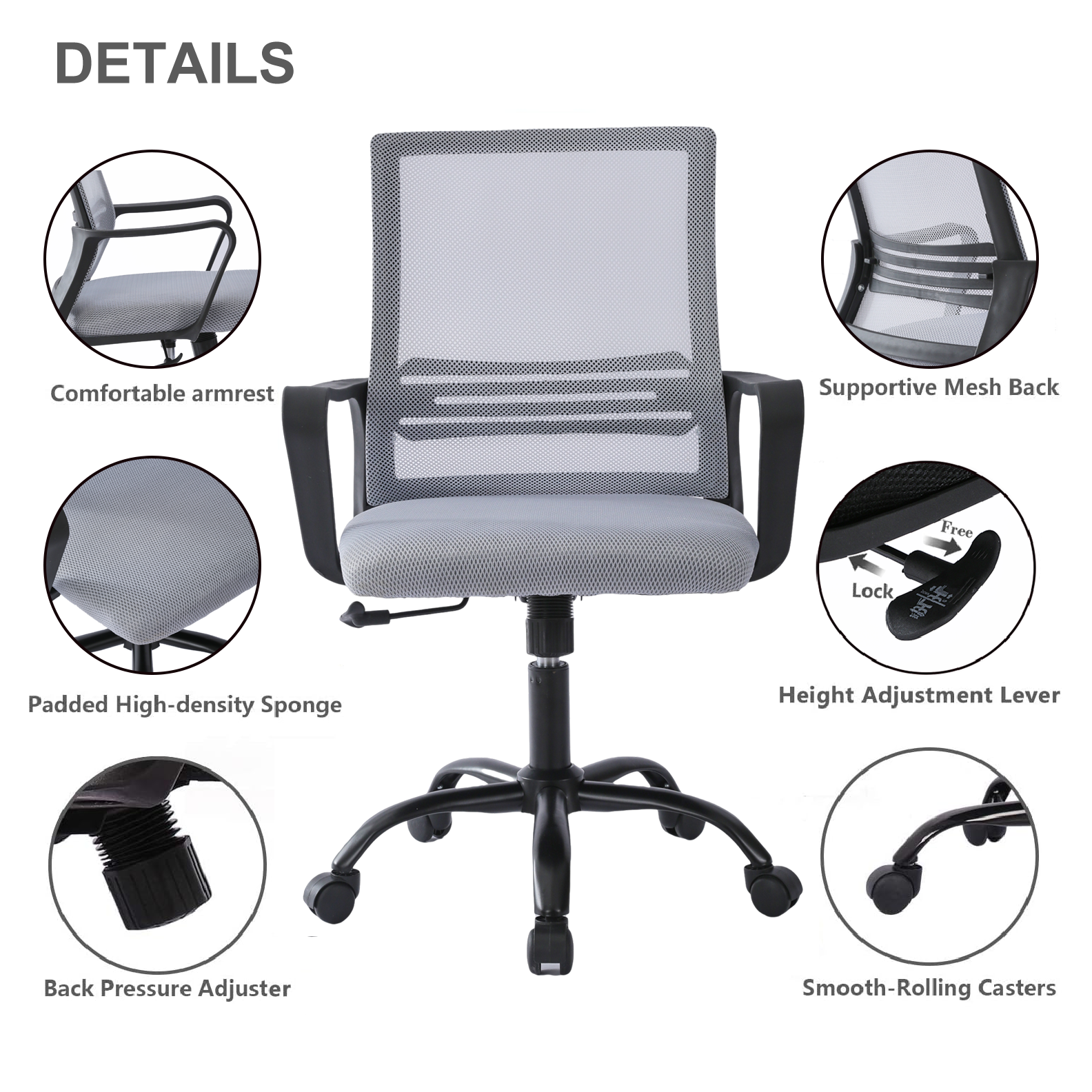 mcc direct Adjustable Office Chair w/Padded Seat Cushion, Height Adjustable Computer Chair w/Lumbar Support and Swivel Rocking