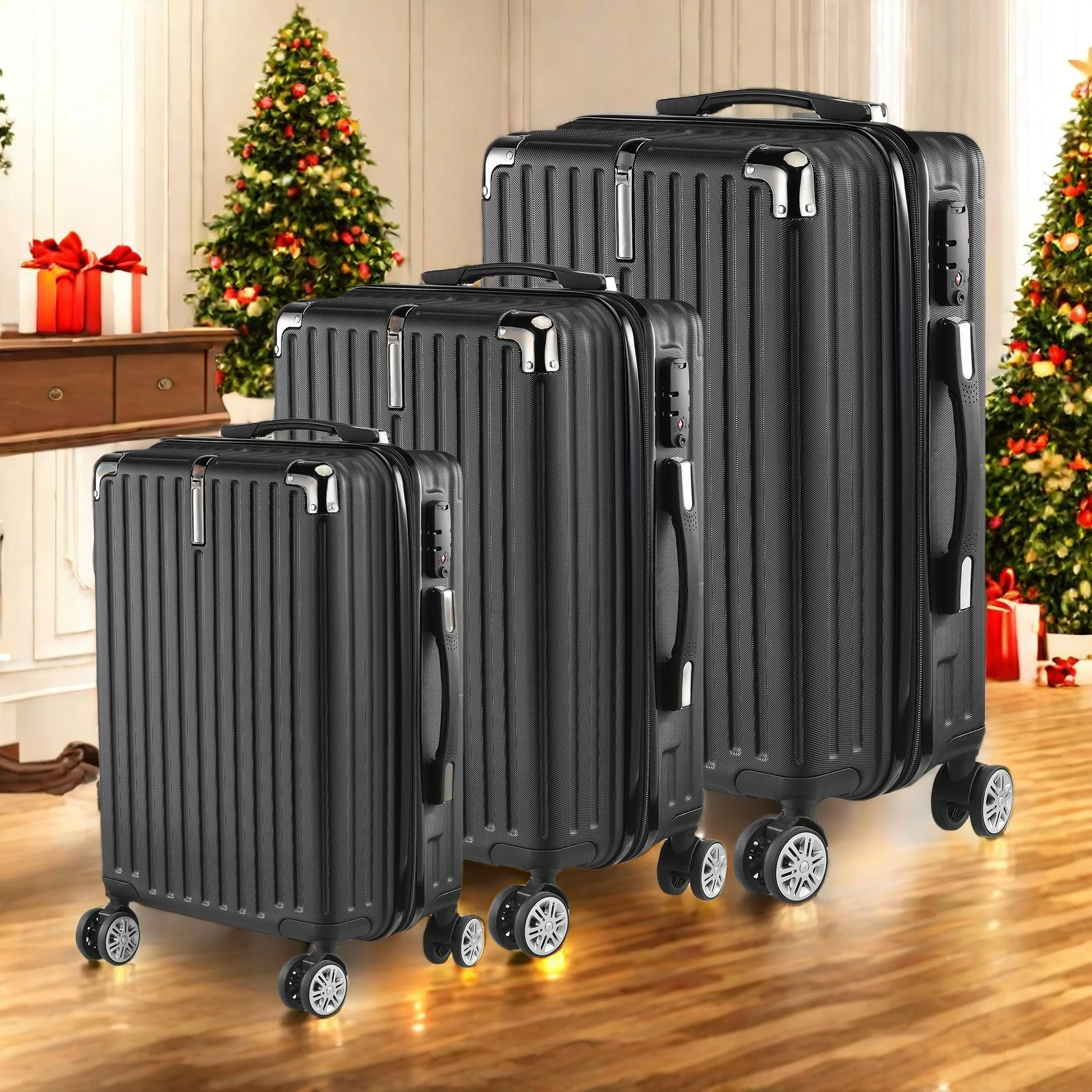 Anajqaqia 3-teilige Gepäcksets, Reisekoffer, Flightcase mit TSA-Schloss, Aluminium-Teleskopgriff, 4 Spinnerräder, Schwarz