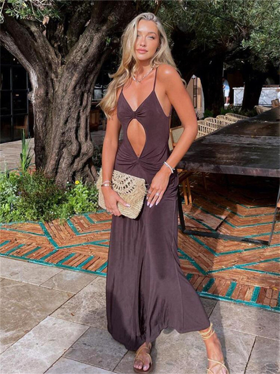 wsevypo Spaghettiträger, Party, langes Kleid, Damen, High Street, rückenfrei, ärmellos, Ausschnitt, V-Ausschnitt, Sling, Sommerkleid für Urlaub, Strand