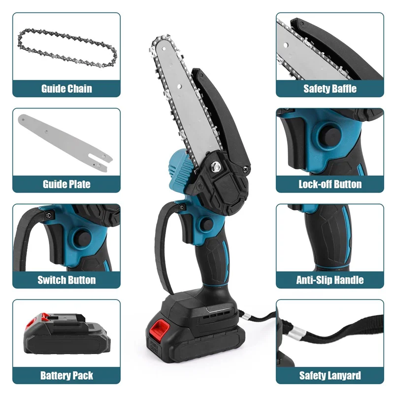 Motosega da 6 pollici Sega a catena elettrica a batteria rimovibile per batterie al litio da 21 V Oli ad alta potenza per la lavorazione del legno da giardino