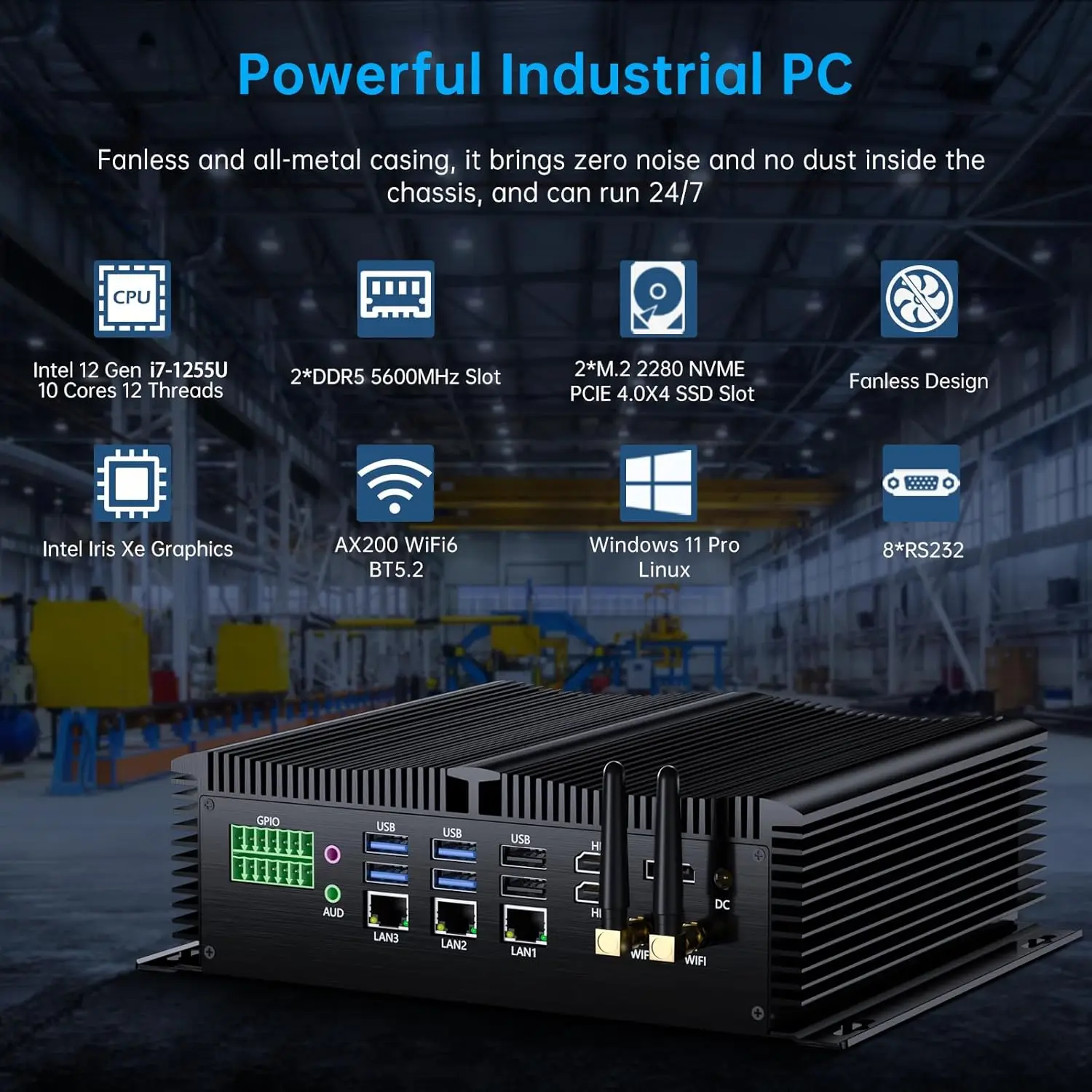 Partaker Fanless Industrial Mini PC Intel i7 1355U i5 1335U 3x2.5G LAN 2xDDR5 PCIe4.0 8xCOM GPIO SATA Firewall NAS Computer