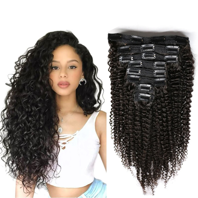 Deep Wave คลิปต่อผมมนุษย์ 120g คลิปในส่วนขยายเต็มหัวบราซิลคลิปบน Curly Hair Extension สําหรับผู้หญิง # 1B