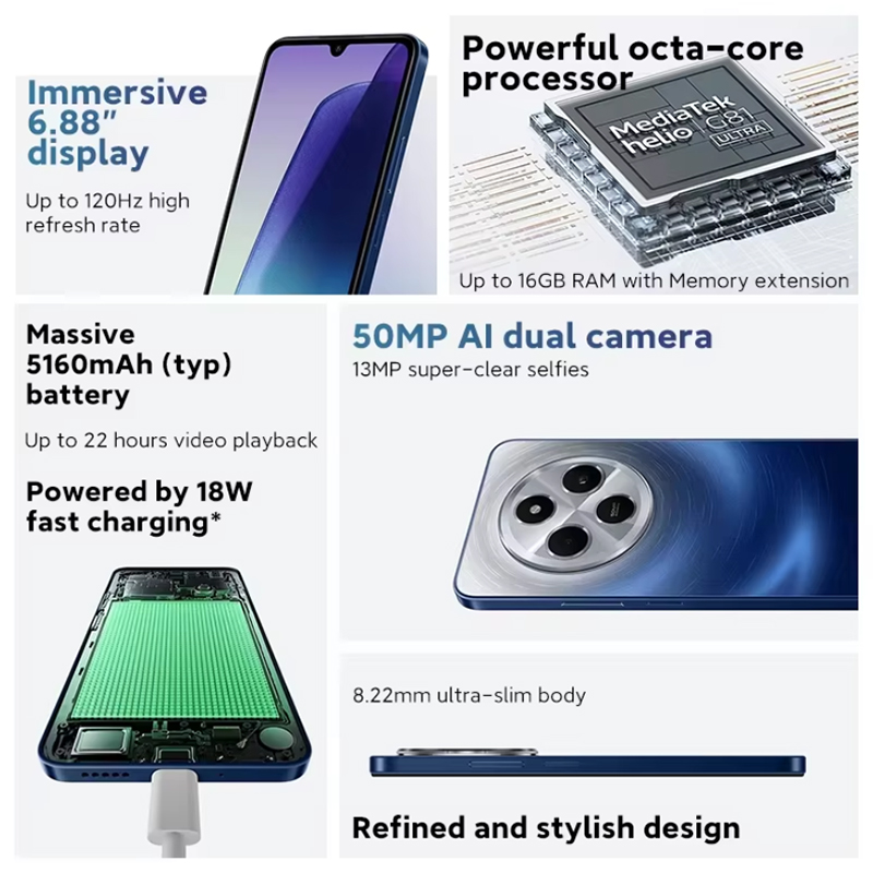 Xiaomi Redmi 14C Smartphone Immersion 6.88'' Pantalla 120Hz 50MP AI Cámara dual Masa 5160mAh Batería