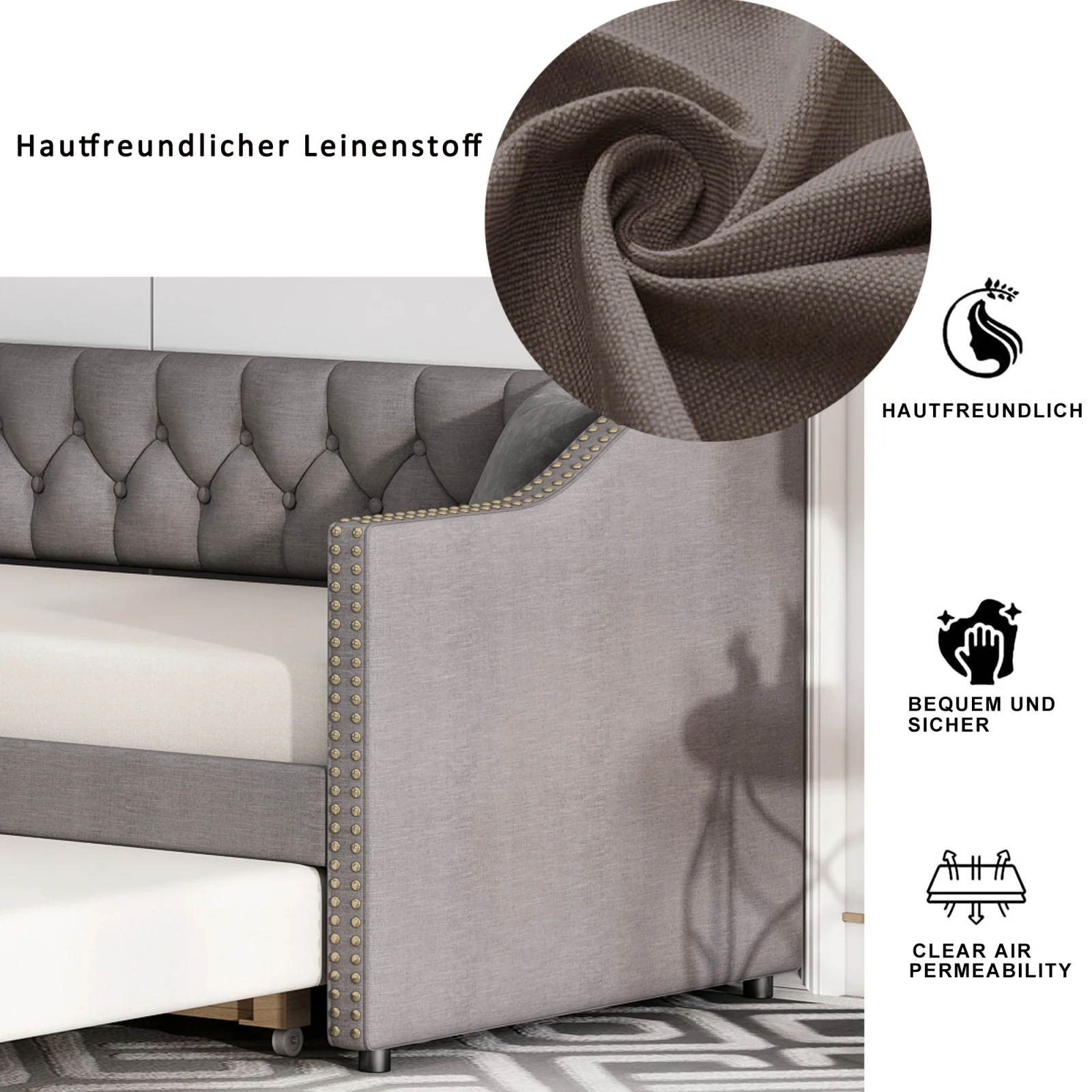 Struttura letto imbottita,90x200 cm, divano letto estraibile, tessuto di lino grigio resistente, letto giovanile, letto ospite